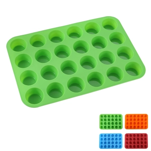 24-cavity silicone round muffin tray in green, orange, blue, and red color options