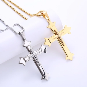 Triple layer gothic cross necklaces in 18k gold and silver finish with star motif