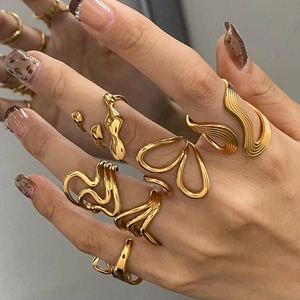 Irregular Wave Open Ring Stainless Steel Adjustable Gold Plated Hollow Line Minimalist Waterproof Jewelry For Women