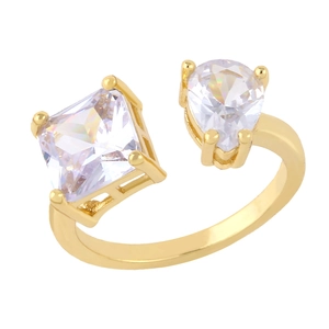 Minimalist gold open ring featuring square and teardrop cut cubic zirconia stones
