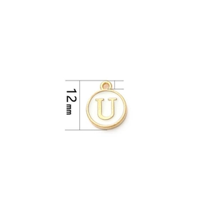 Golden 12mm round enamel pendant featuring a minimalist double-sided letter U design