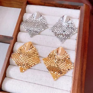 18k gold plated silver geometric mesh tassel earrings in gold and silver set