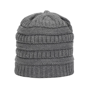 Gray chunky knit beanie with horizontal ribbing and satin lining for wind protection