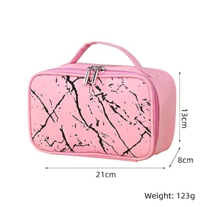 Pink marble pattern PU makeup bag detail showing dual zippers and 21x8x13cm size specs