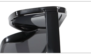 Close-up of integrated hinges and high-gloss black frame of retro fashion sunglasses