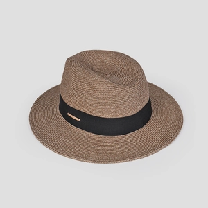 Detailed close-up of woven straw fedora hat texture with black ribbon and metal accent