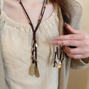 Bohemian Vintage Water Drop Leaf Pendant Necklace And Bracelet And Earrings Suede Rope Alloy 925 Sterling Silver Earring Post Women