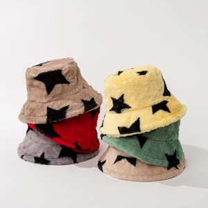 Faux Fur Bucket Hat Star Pattern Warm Plush Winter Fisherman Cap For Women Men Adjustable Windproof Soft Fashion