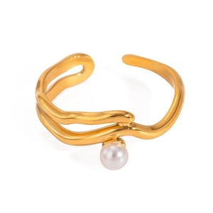18k gold plated stainless steel double layer wave ring with white pearl accent
