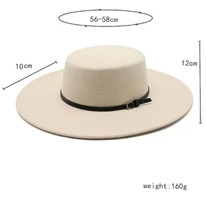 Flat top wool fedora hat with 10cm wide brim and leather band, 56-58cm head size