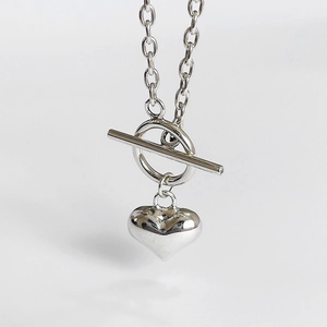 925 Sterling Silver Heart Pendant Necklace Long Chain Toggle Clasp Simple Retro Korean Style Fashion Jewelry