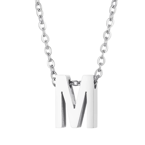 Polished stainless steel necklace featuring a 3D letter M pendant on a white background