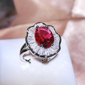 Elegant silver ring with a large red oval stone and sparkling crystal halo for women