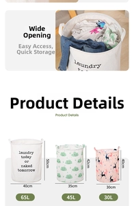Size chart showing 65L, 45L, and 30L laundry basket dimensions and storage capacity
