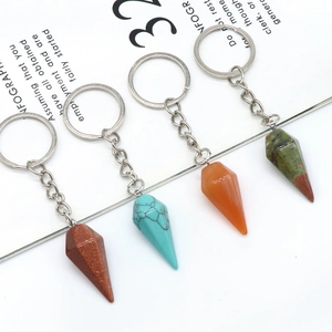 Set of conical natural crystal agate hexagonal stone keychains in multiple vibrant colors