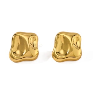 Minimalist gold quadrilateral stainless steel stud earrings with polished liquid metal finish