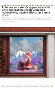 Detail of Santa Claus window stickers with Merry Christmas text for festive shop decoration