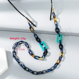 Detail of colorful acrylic eyeglass chain with dimensions showing 67cm length and 25g weight
