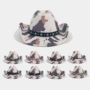 Western Cowboy Hat Cow Print Wide Brim Felt Ethnic Decorative Band Turquoise Bull Skull Outdoor Sun Hat Bohemia Style