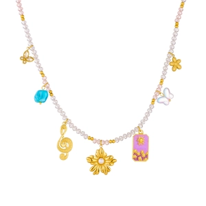 Retro multi-element beaded necklace with butterfly floral and musical note charms