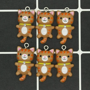 Set of 6 cute resin cat charms with orange stripes and metal rings for DIY jewelry making