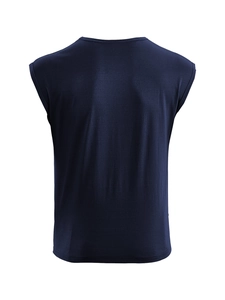 Detail view of the back of a dark blue sleeveless men's quick-dry sports vest t-shirt
