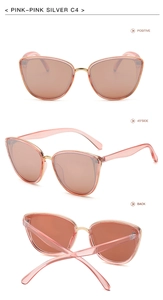 Detailed views of pink cat-eye sunglasses with golden metal frames and pink lenses