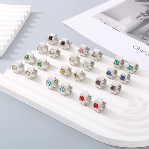 Polished stainless steel hoop earrings set with square-cut colorful zircon stones