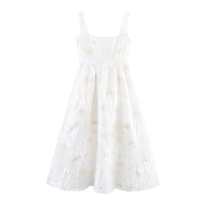 Vestito Lungo Maxi da Donna Elegante Bianco con Bronzatura Floreale Vita Alta Senza Maniche Fiocco Posteriore Linea A per Festa Estiva