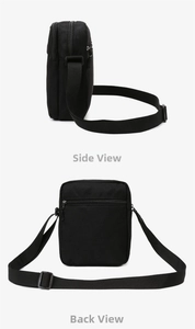 Side and back view of black nylon crossbody bag featuring multi-layer zipper compartments