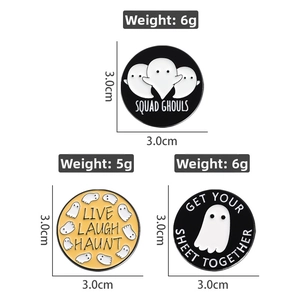 Halloween ghost enamel pins set with Squad Ghouls text in black white and yellow