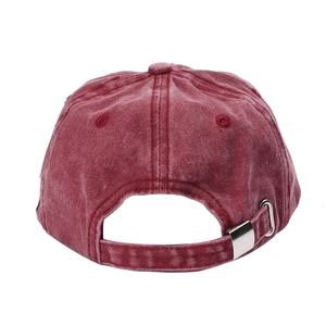 Burgundy washed cotton baseball cap with adjustable metal slide buckle on the back