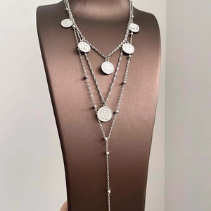 Multi-layer silver coin pendant necklace with vintage relief charms and Y-shaped chain