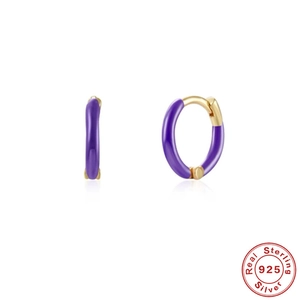 Detailed macro view of S925 sterling silver purple enamel hoop earrings with gold finish