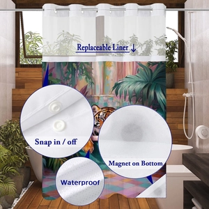 Detail of waterproof fabric shower curtain with snap-in liner and weighted magnets