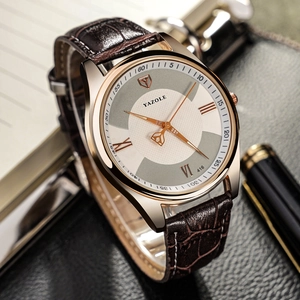 Business style Yazole gold watch with brown leather strap and dual-tone dial