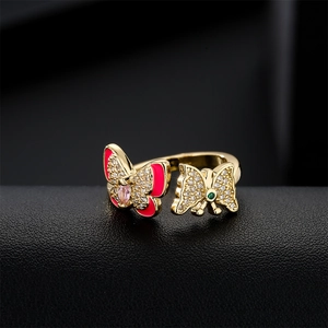 Butterfly Open Ring Adjustable Copper 18K Gold Plated Enamel Zircon Sweet Fresh Style Jewelry For Women