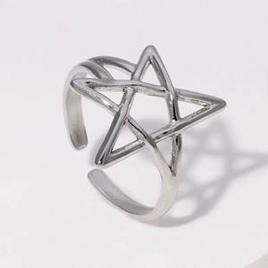 Minimalist silver pentagram stainless steel open ring with an adjustable band design