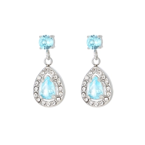 Detail of light blue teardrop zircon earrings with halo micro-pave crystals in silver finish