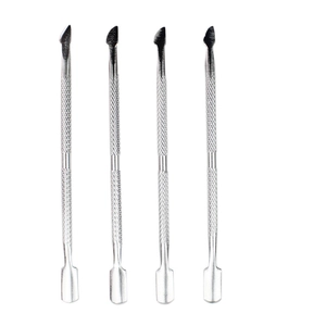 Set of four silver stainless steel dual-end cuticle pushers with non-slip handles