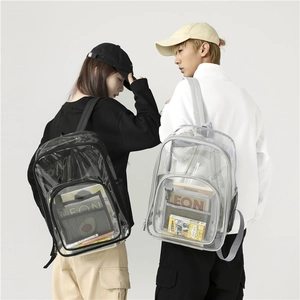 Waterproof clear PVC backpack with black and silver trim shown on male and female models