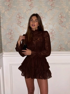 Detail of sheer brown lace lantern sleeves and tiered skirt texture on stylish dress