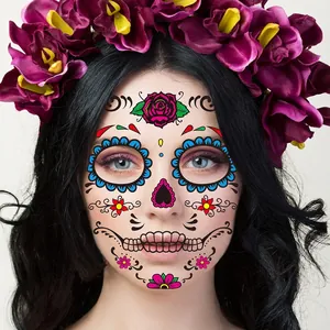 Day of the Dead sugar skull face tattoo stickers with red rose and colorful patterns