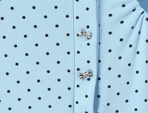 Detail of light blue ribbed fabric with black polka dots and silver bow buttons