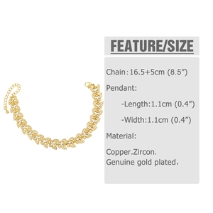 Detailed size specifications for the gold-plated butterfly bracelet with zircon stones