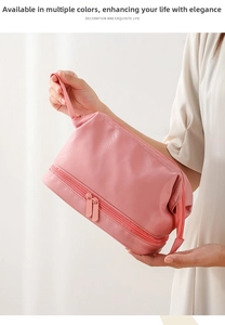 Pink double-layer makeup bag with textured waterproof fabric and convenient hand strap