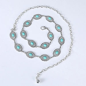 Silver metal waist chain belt with turquoise stones on white background