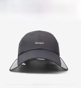 Detail of dark grey quick-dry sun hat with side extension panels for UV protection