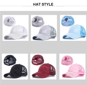 Detailed grid of mesh ponytail baseball caps in white, grey, blue, black, red, and pink colors