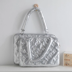 Silver quilted bow pattern laptop tote bag and iPad inner sleeve set in metallic fabric